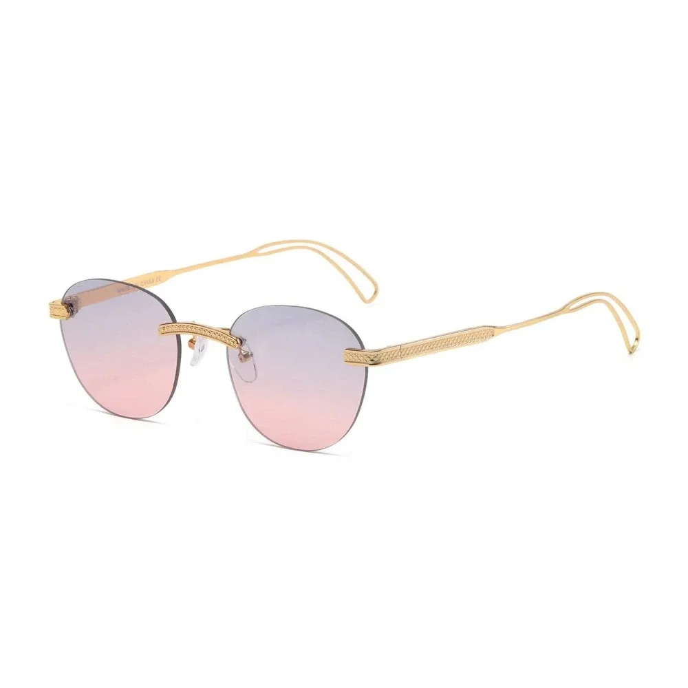 Mens‎ Rimless Round Sunglasses Gold Engraved Metal Purple Pink Gradient Lenses